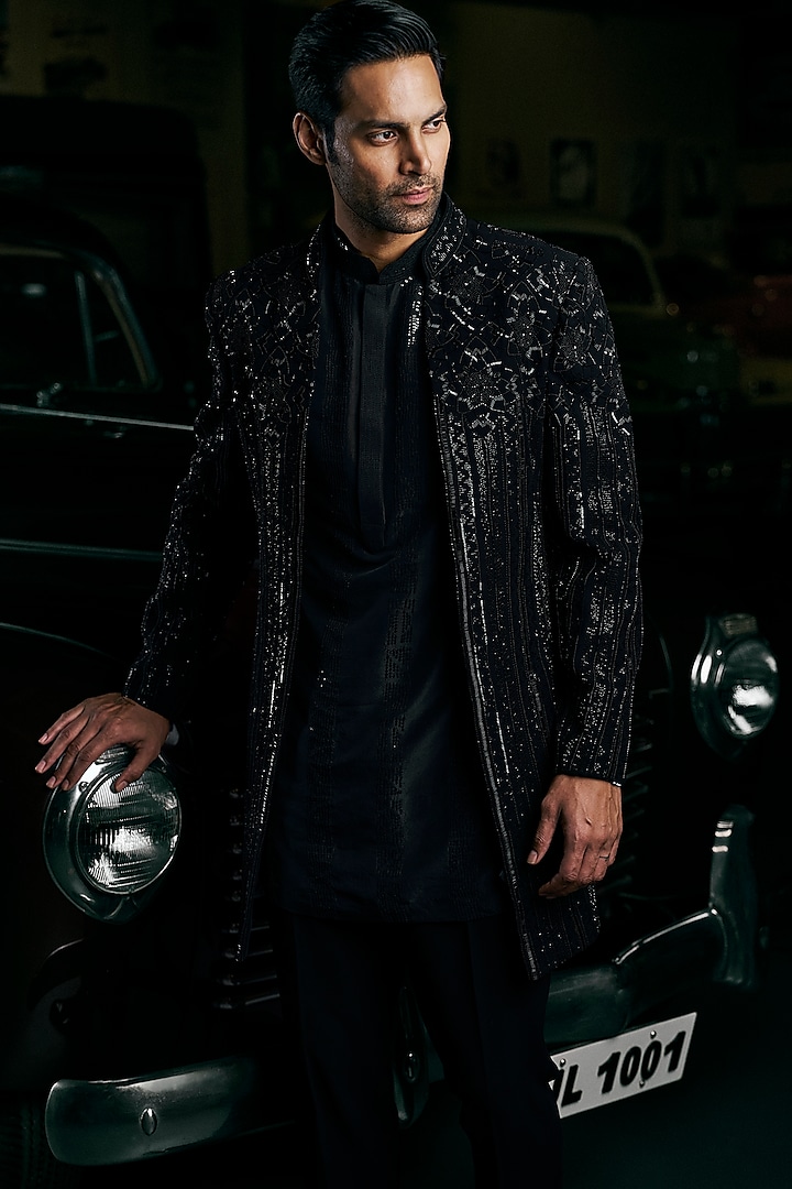 Black Suiting Raw Silk Bugle Beads Embroidered Groom Indowestern Set by Seema Gujral Men at Pernia's Pop Up Shop
