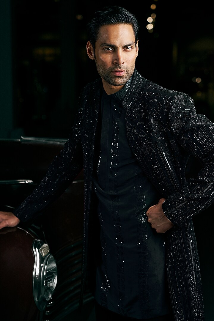 Black Suiting Raw Silk Bugle Beads Embroidered Groom Indowestern Set by Seema Gujral Men at Pernia's Pop Up Shop