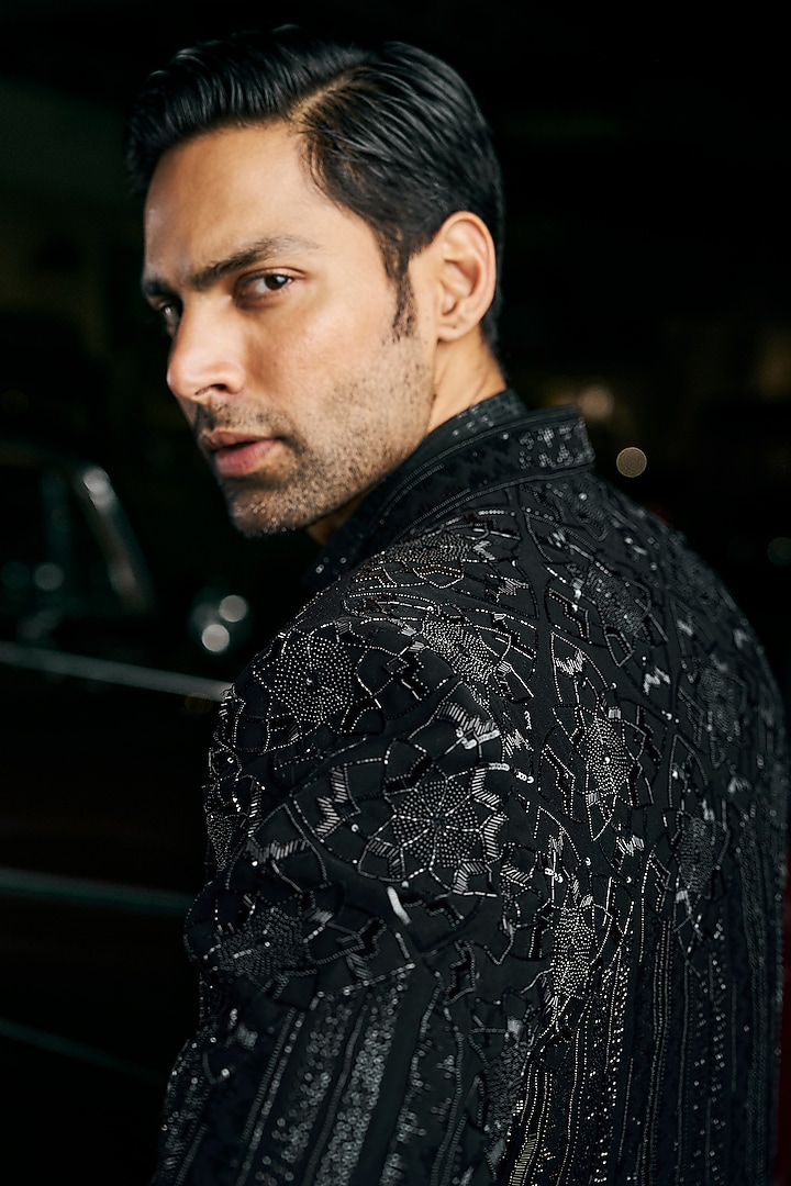 Black Suiting Raw Silk Bugle Beads Embroidered Groom Indowestern Set by Seema Gujral Men at Pernia's Pop Up Shop