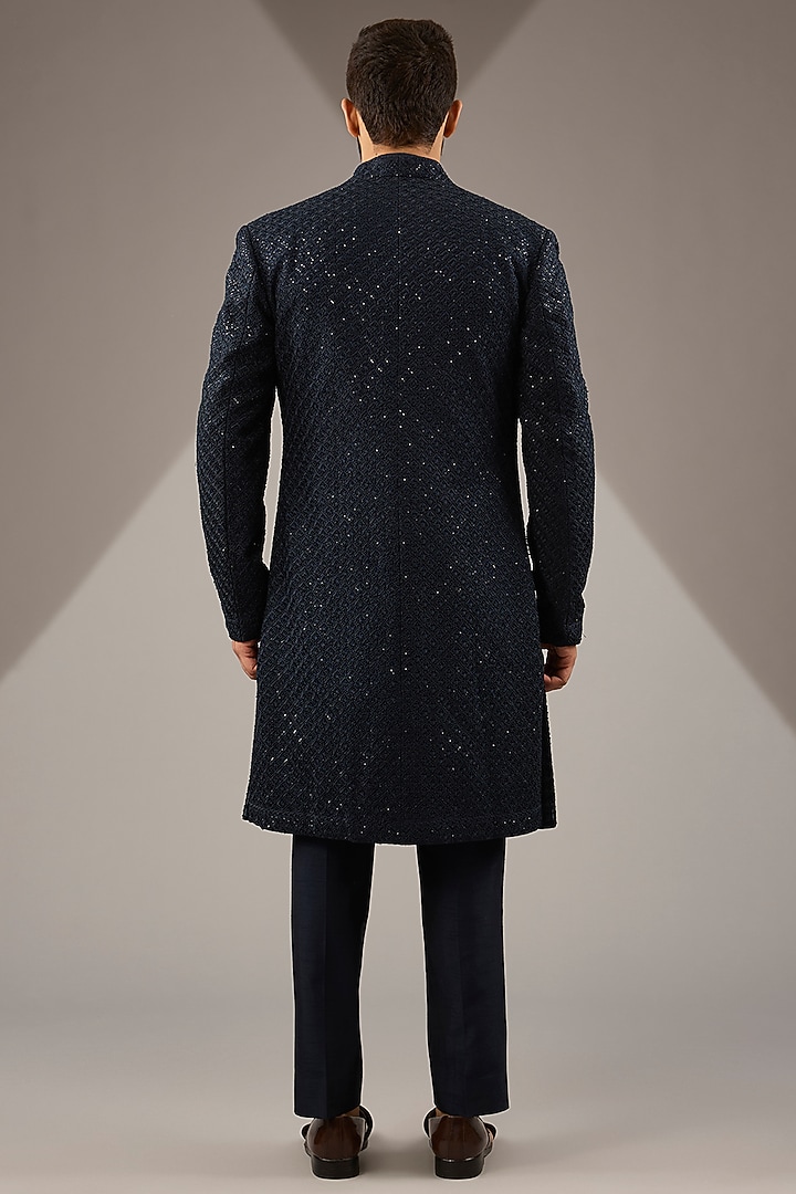 Midnight Blue Raw Silk Embroidered Open Groom Indowestern Set by Seema Gujral Men at Pernia's Pop Up Shop
