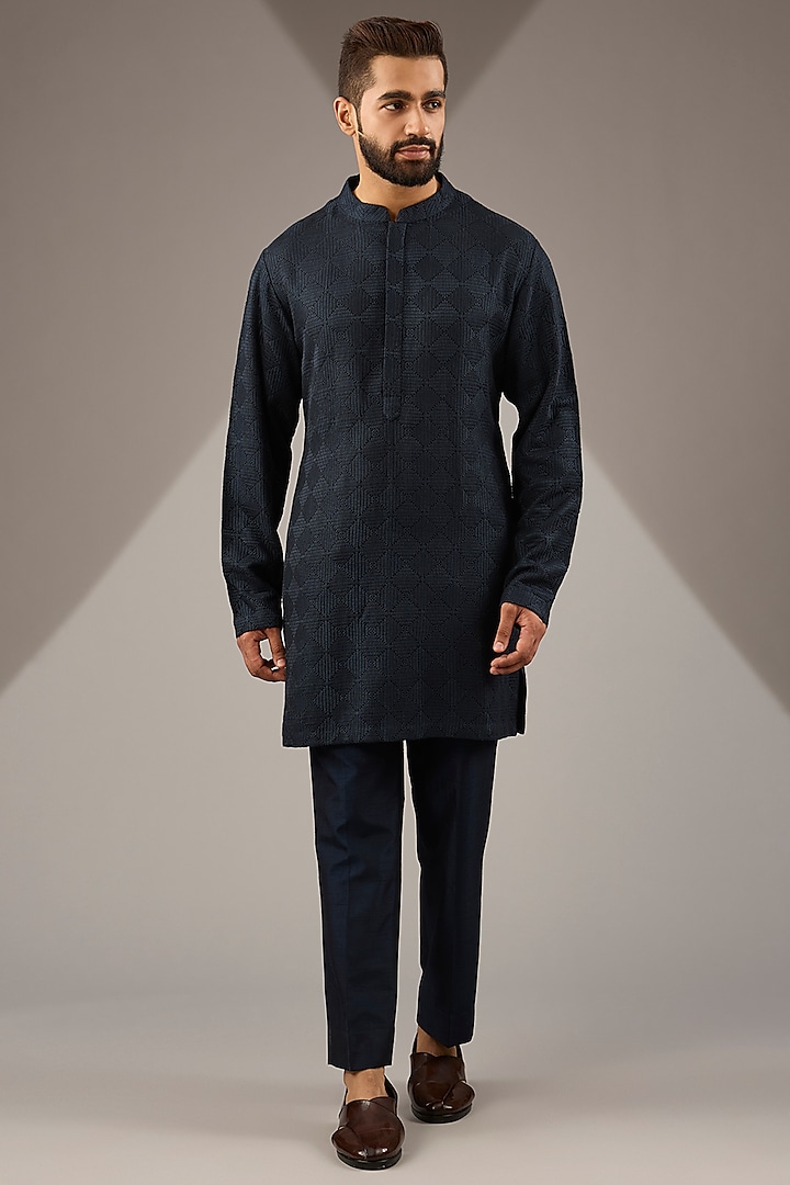 Midnight Blue Raw Silk Embroidered Open Groom Indowestern Set by Seema Gujral Men at Pernia's Pop Up Shop