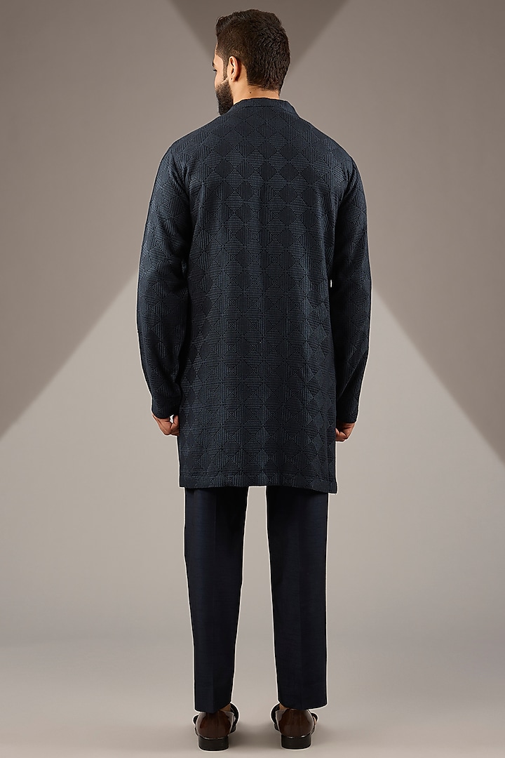 Midnight Blue Raw Silk Embroidered Open Groom Indowestern Set by Seema Gujral Men at Pernia's Pop Up Shop