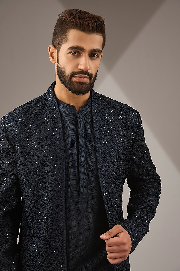 Midnight Blue Raw Silk Embroidered Open Groom Indowestern Set by Seema Gujral Men at Pernia's Pop Up Shop