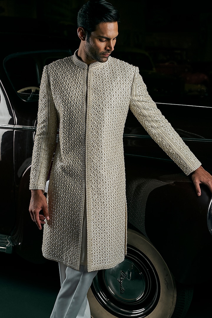 Ivory Raw Silk Pearl Embroidered Groom Sherwani Set by Seema Gujral Men at Pernia's Pop Up Shop