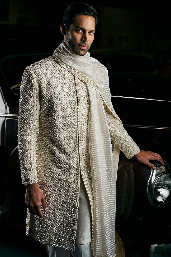 Ivory Raw Silk Pearl Embroidered Groom Sherwani Set by Seema Gujral Men at Pernia's Pop Up Shop