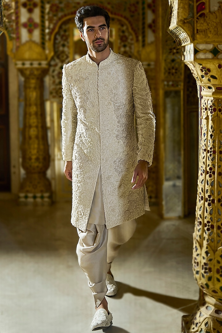 Vintage Ivory Raw Silk Floral Embroidered Sherwani Set by Seema Gujral Men