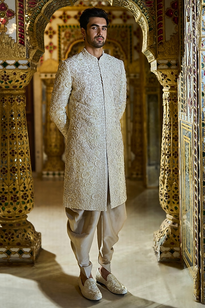 Vintage Ivory Raw Silk Floral Embroidered Groom Sherwani Set by Seema Gujral Men at Pernia's Pop Up Shop