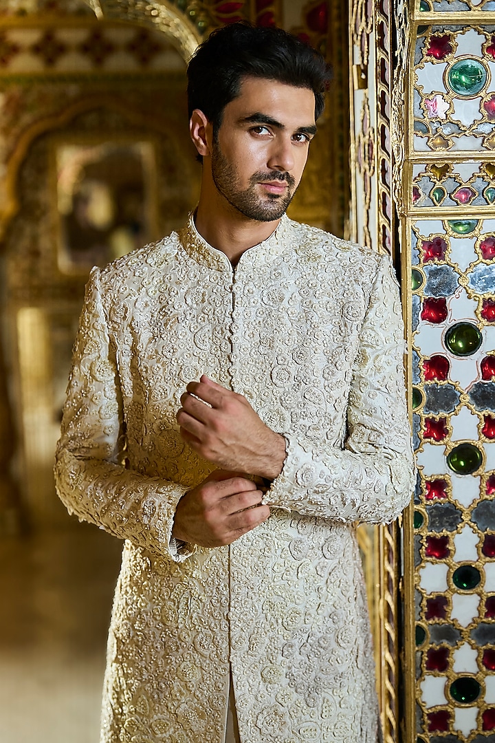 Vintage Ivory Raw Silk Floral Embroidered Groom Sherwani Set by Seema Gujral Men at Pernia's Pop Up Shop