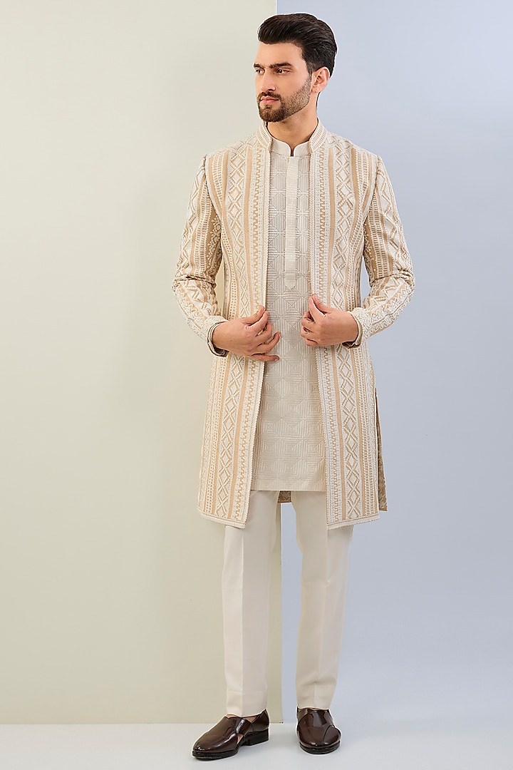 Nude Raw Silk Embroidered Indowestern Set by Seema Gujral Men