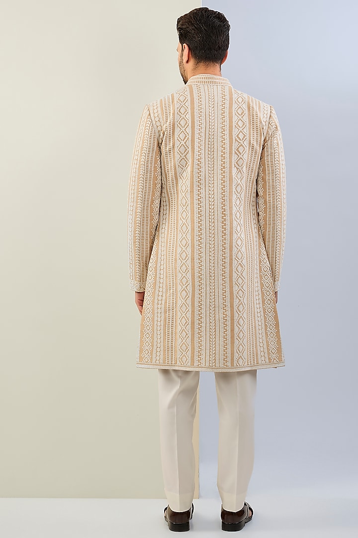 Nude Raw Silk Embroidered Groom Indowestern Set by Seema Gujral Men at Pernia's Pop Up Shop