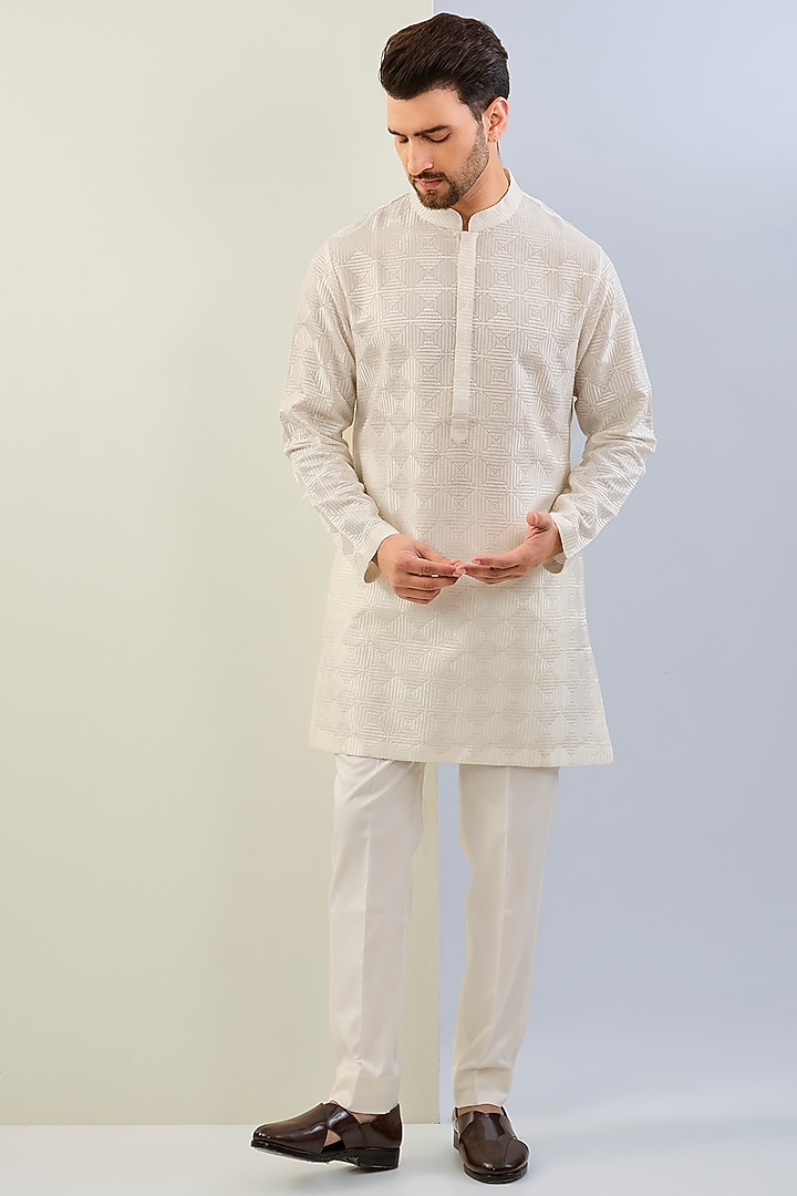 Nude Raw Silk Embroidered Groom Indowestern Set by Seema Gujral Men at Pernia's Pop Up Shop
