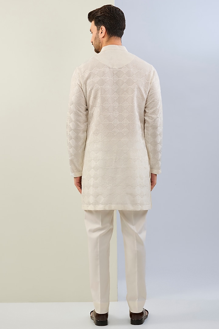 Nude Raw Silk Embroidered Groom Indowestern Set by Seema Gujral Men at Pernia's Pop Up Shop
