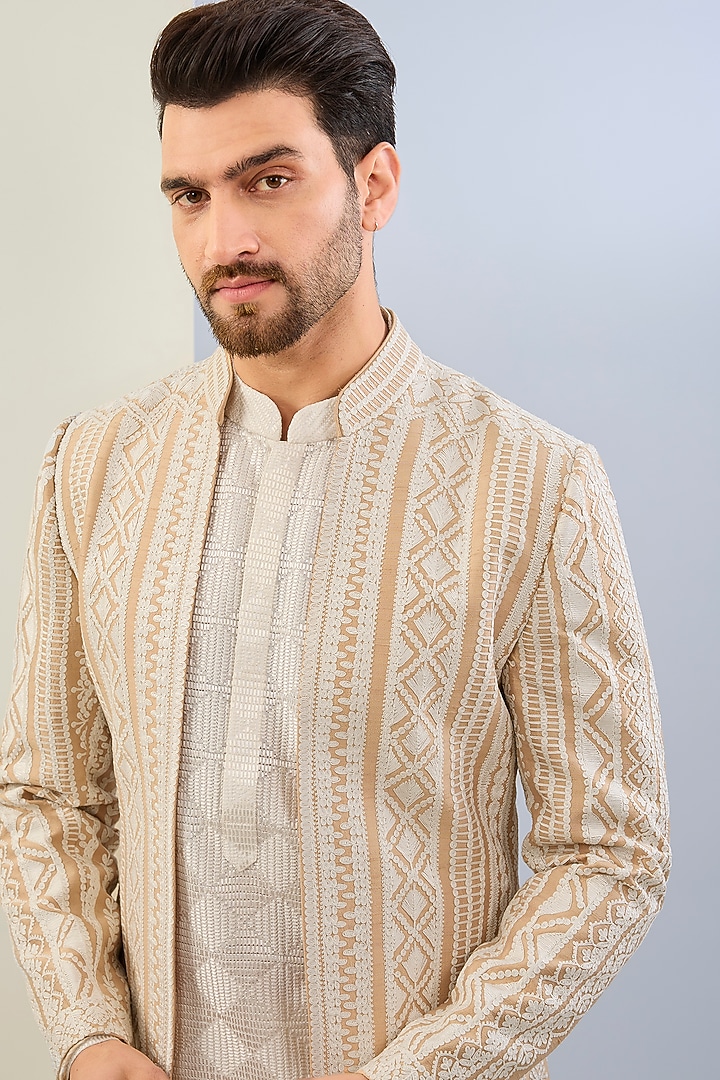 Nude Raw Silk Embroidered Groom Indowestern Set by Seema Gujral Men at Pernia's Pop Up Shop