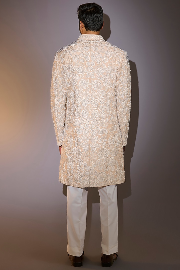 Peach Raw Silk Groom Sherwani Set by Seema Gujral Men at Pernia's Pop Up Shop