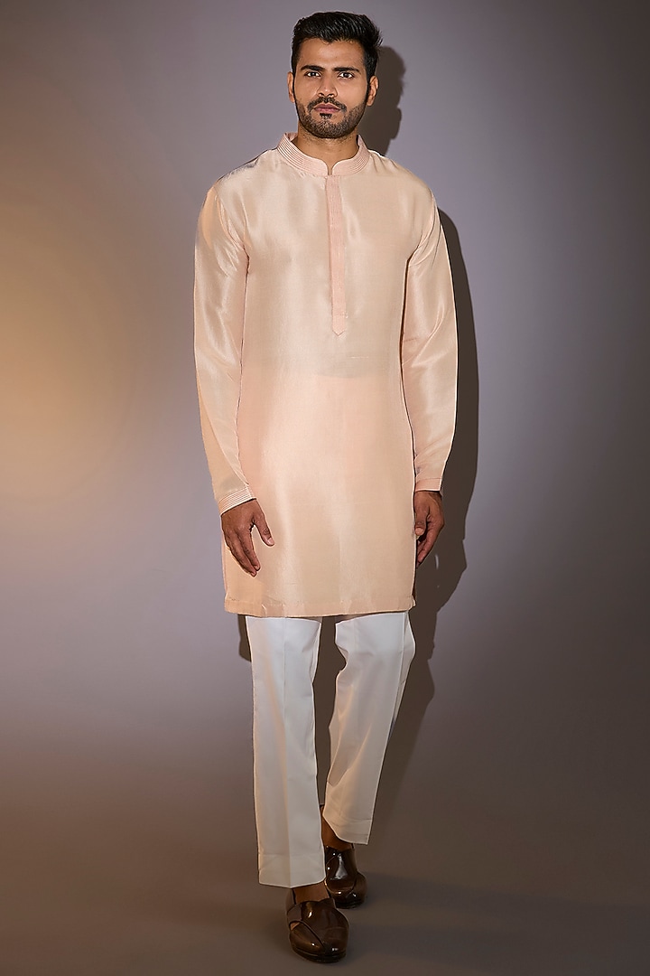 Peach Raw Silk Groom Sherwani Set by Seema Gujral Men at Pernia's Pop Up Shop