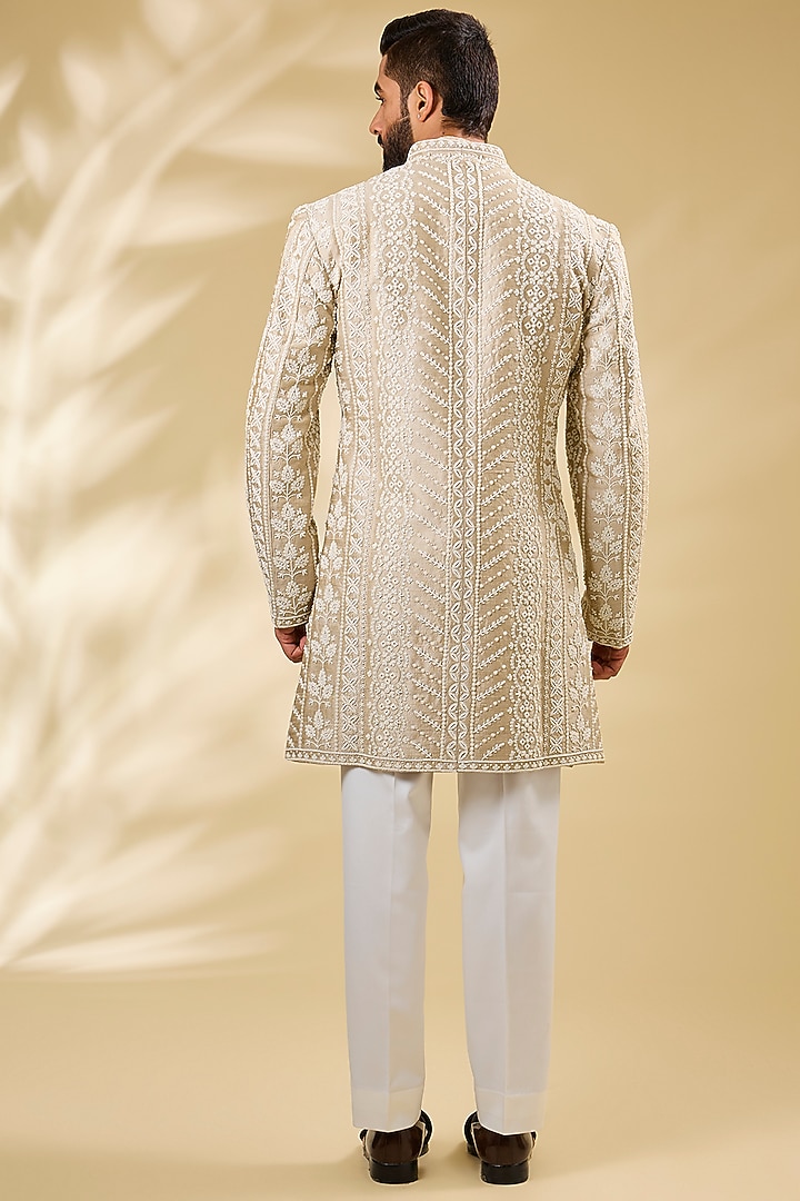 Nude-Colored Silk Indowestern Set by Seema Gujral Men at Pernia's Pop Up Shop