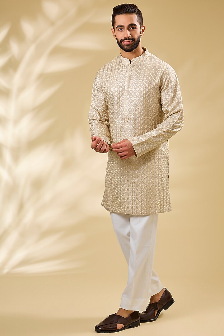 Nude-Colored Silk Indowestern Set by Seema Gujral Men at Pernia's Pop Up Shop