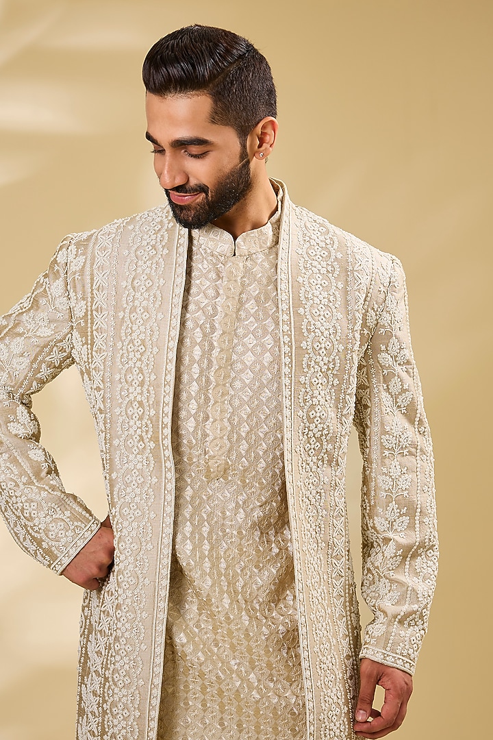 Nude-Colored Silk Indowestern Set by Seema Gujral Men at Pernia's Pop Up Shop