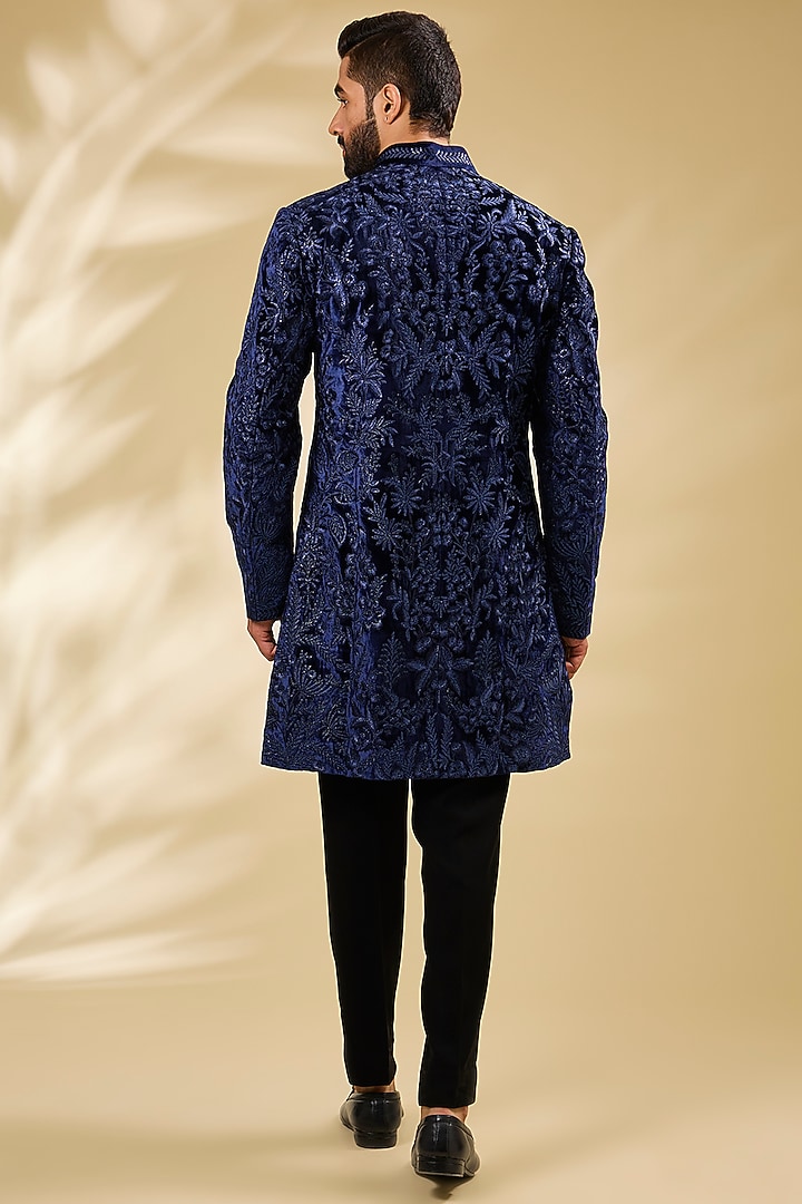 Blue Silk Thread Embroidered Groom Sherwani Set by Seema Gujral Men at Pernia's Pop Up Shop