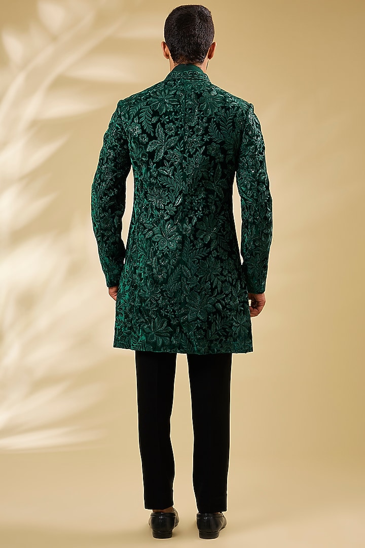 Green Silk Thread Embroidered Groom Sherwani Set by Seema Gujral Men at Pernia's Pop Up Shop