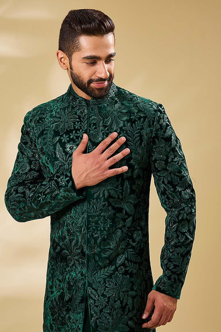 Green Silk Thread Embroidered Groom Sherwani Set by Seema Gujral Men at Pernia's Pop Up Shop