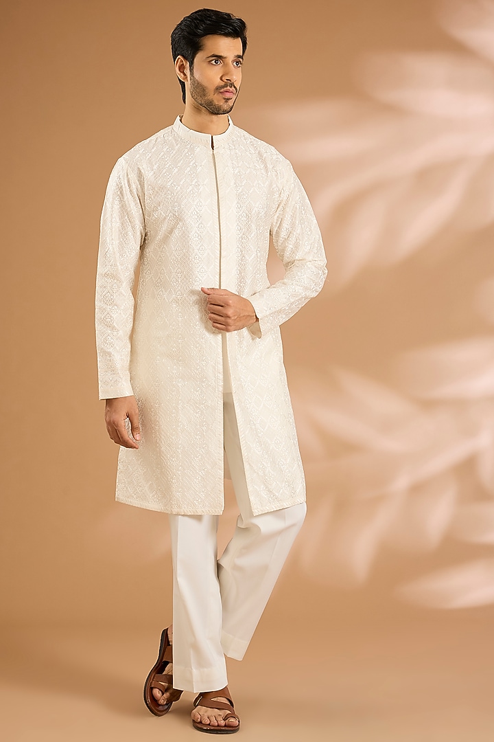 White Silk Kurta Set by Seema Gujral Men at Pernia's Pop Up Shop