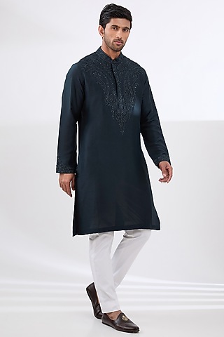 Navy Blue Silk Embroidered Kurta Set by Seema Gujral Men