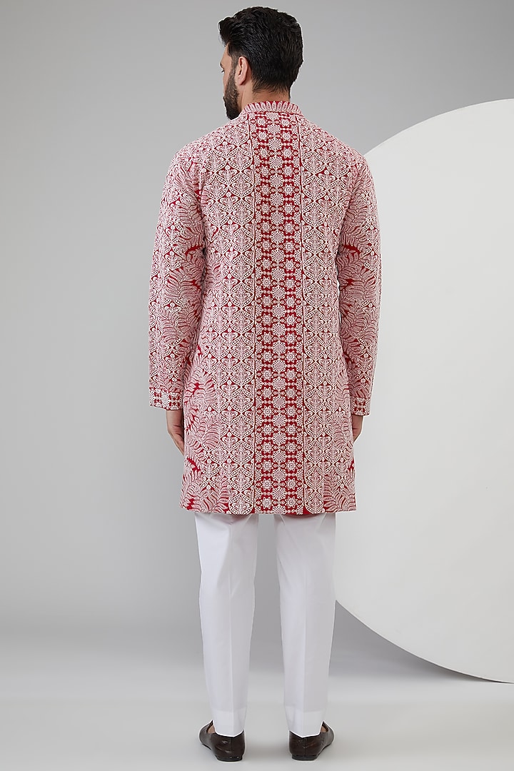 Red Silk Dori Embroidered Kurta Set by Seema Gujral Men at Pernia's Pop Up Shop