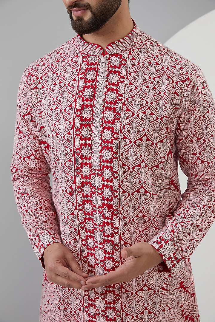 Red Silk Dori Embroidered Kurta Set by Seema Gujral Men at Pernia's Pop Up Shop