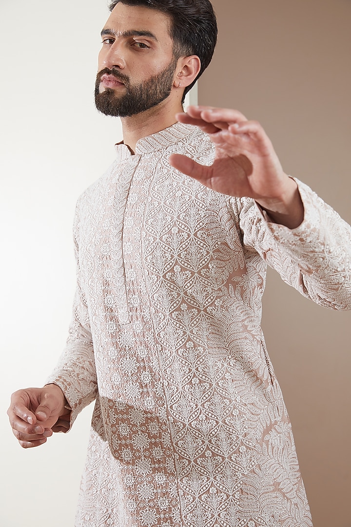 Beige Silk Dori Embroidered Kurta Set by Seema Gujral Men at Pernia's Pop Up Shop