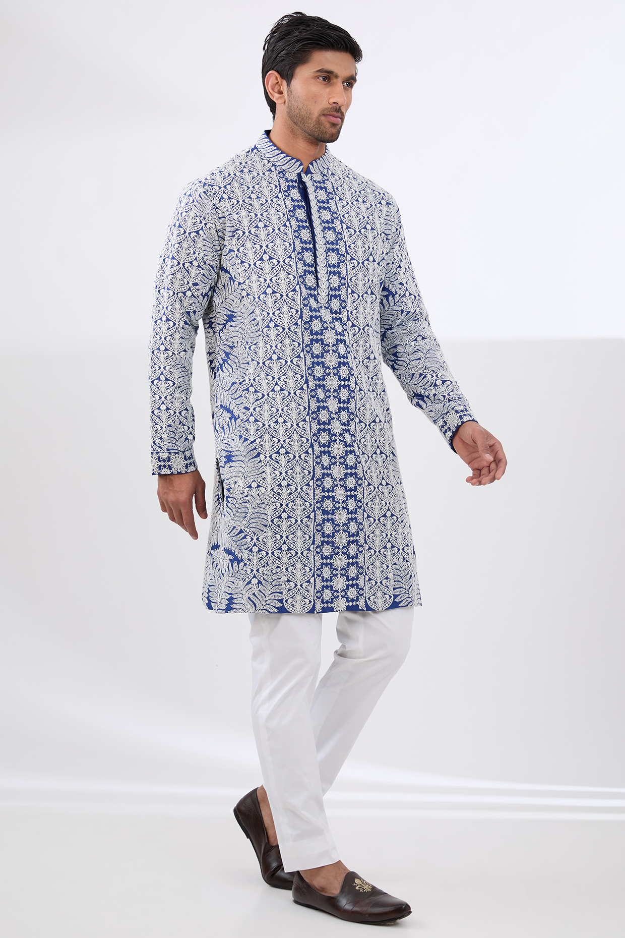 Blue Silk Embroidered Kurta Set by Seema Gujral Men