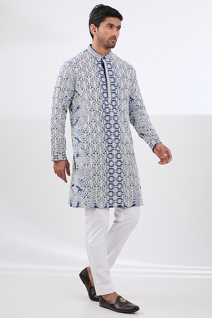 Blue Silk Embroidered Kurta Set by Seema Gujral Men