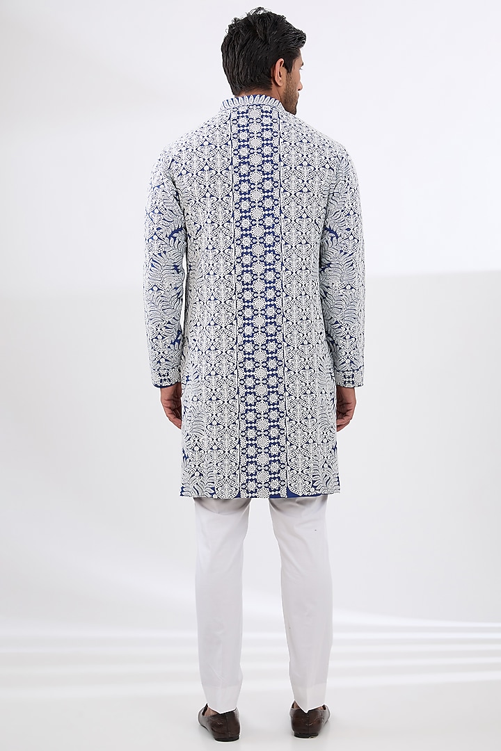 Blue Silk Embroidered Kurta Set by Seema Gujral Men at Pernia's Pop Up Shop