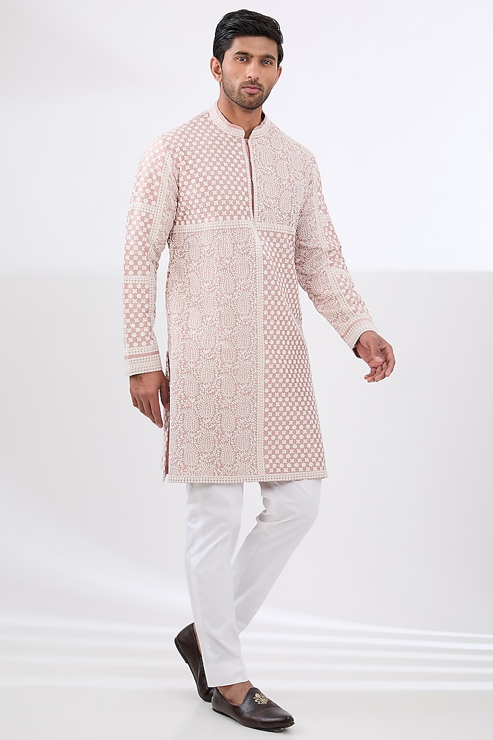 Pink Silk Embroidered Kurta Set by Seema Gujral Men at Pernia's Pop Up Shop