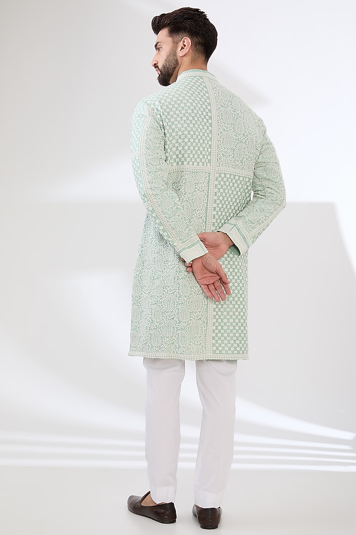 Aqua Blue Silk Dori Embroidered Kurta Set by Seema Gujral Men at Pernia's Pop Up Shop