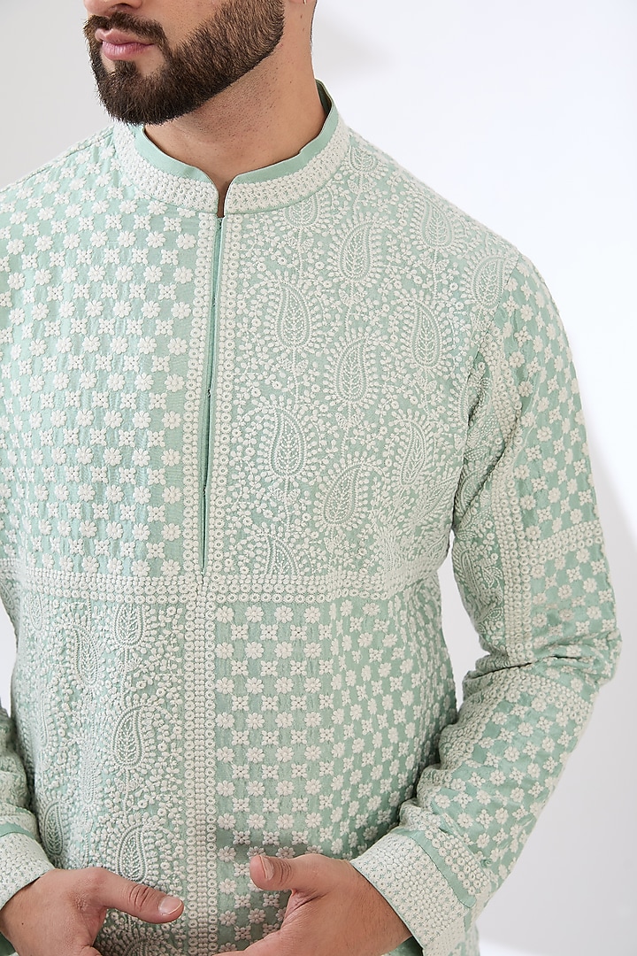 Aqua Blue Silk Dori Embroidered Kurta Set by Seema Gujral Men at Pernia's Pop Up Shop