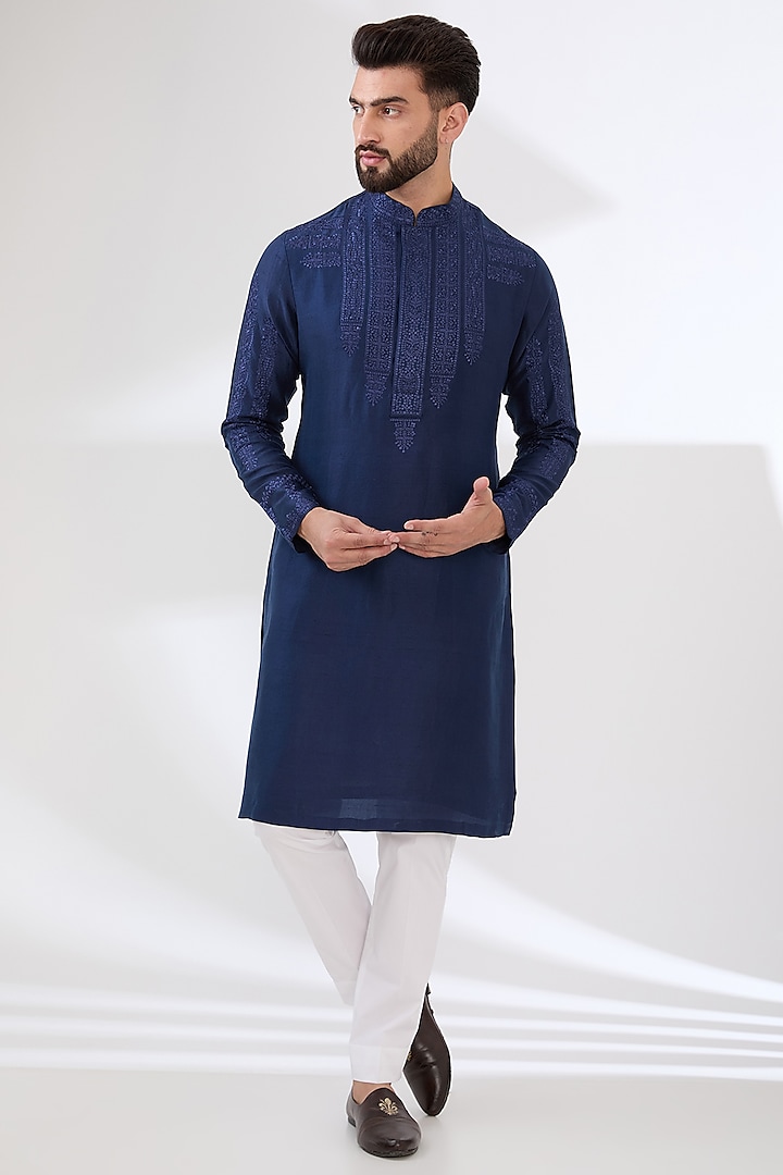 Midnight Blue Silk Thread Embroidered Kurta Set by Seema Gujral Men