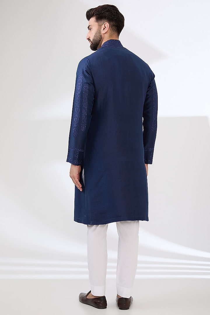Midnight Blue Silk Thread Embroidered Kurta Set by Seema Gujral Men at Pernia's Pop Up Shop