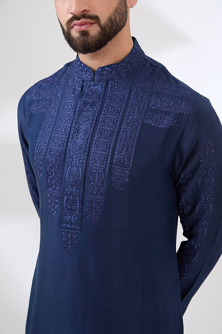 Midnight Blue Silk Thread Embroidered Kurta Set by Seema Gujral Men at Pernia's Pop Up Shop