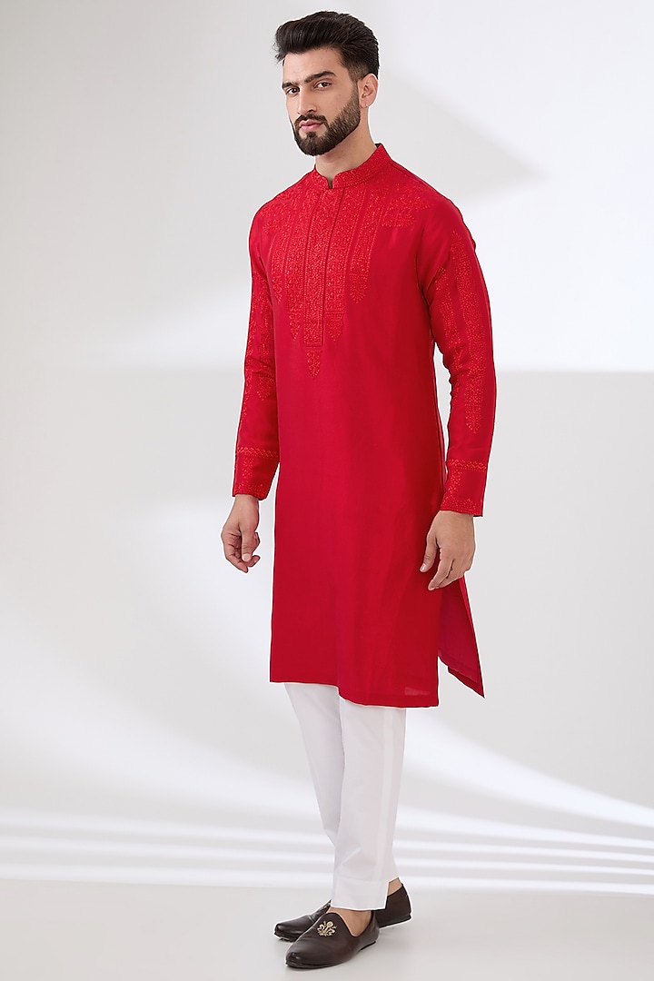 Red Silk Thread Embroidered Kurta Set by Seema Gujral Men