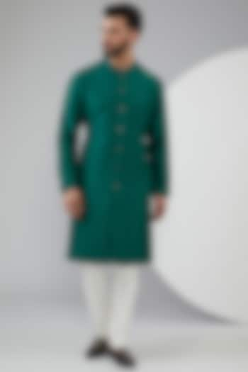 Dark Green Silk Embroidered Kurta Set by Seema Gujral Men