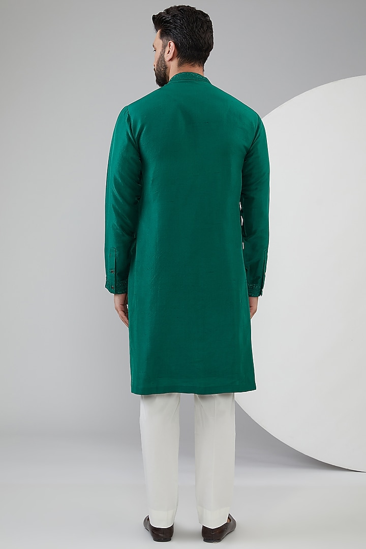 Dark Green Silk Embroidered Kurta Set by Seema Gujral Men at Pernia's Pop Up Shop
