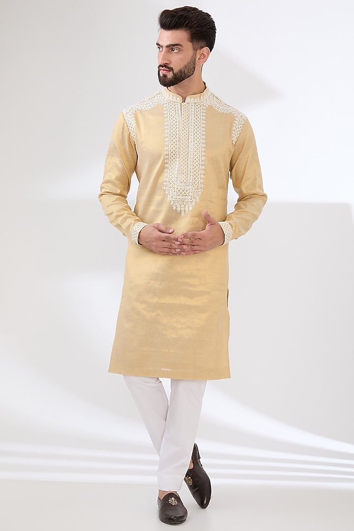 Ochre Yellow Silk Dori Embroidered Kurta Set by Seema Gujral Men at Pernia's Pop Up Shop