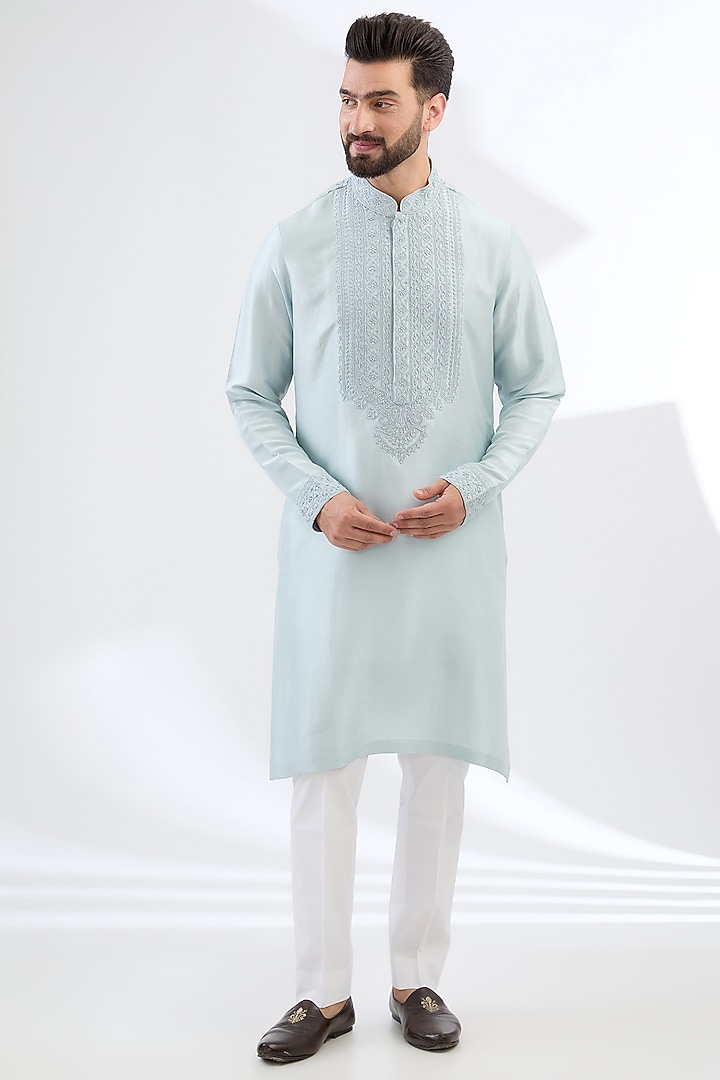 Sky Blue Silk Dori Embroidered Kurta Set by Seema Gujral Men at Pernia's Pop Up Shop