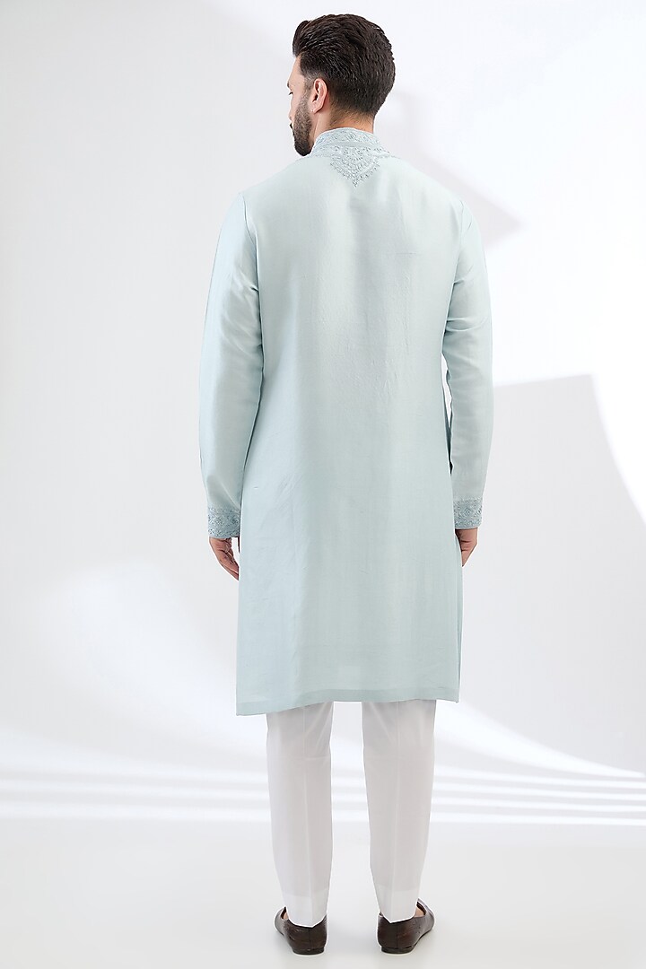 Sky Blue Silk Dori Embroidered Kurta Set by Seema Gujral Men at Pernia's Pop Up Shop
