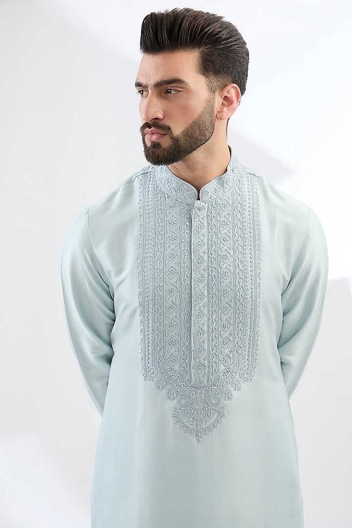Sky Blue Silk Dori Embroidered Kurta Set by Seema Gujral Men at Pernia's Pop Up Shop