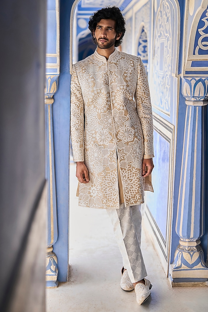 Nude Raw Silk Dori Embroidered Sherwani Set by Seema Gujral Men