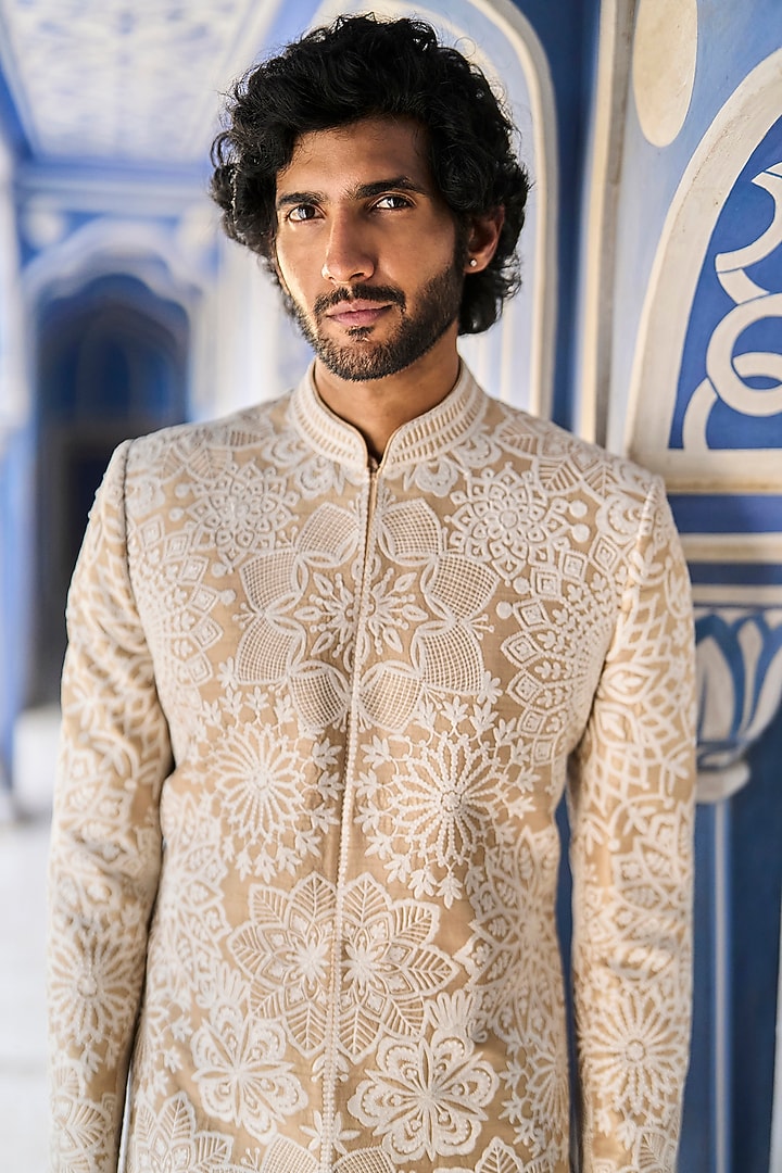 Nude Raw Silk Dori Embroidered Groom Sherwani Set by Seema Gujral Men at Pernia's Pop Up Shop