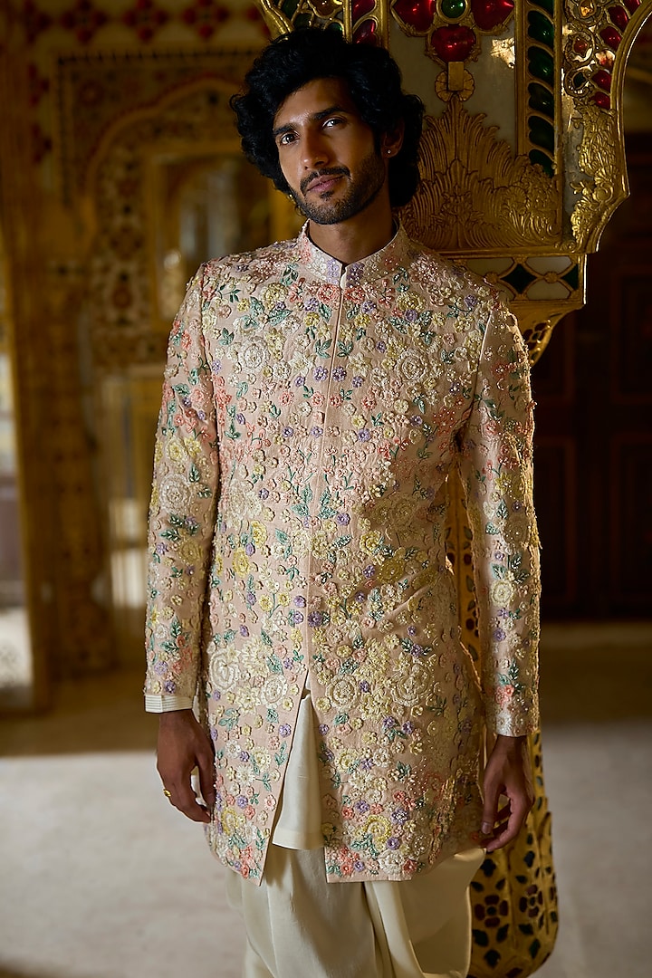 Cream Raw Silk Floral Embroidered Groom Sherwani Set by Seema Gujral Men at Pernia's Pop Up Shop