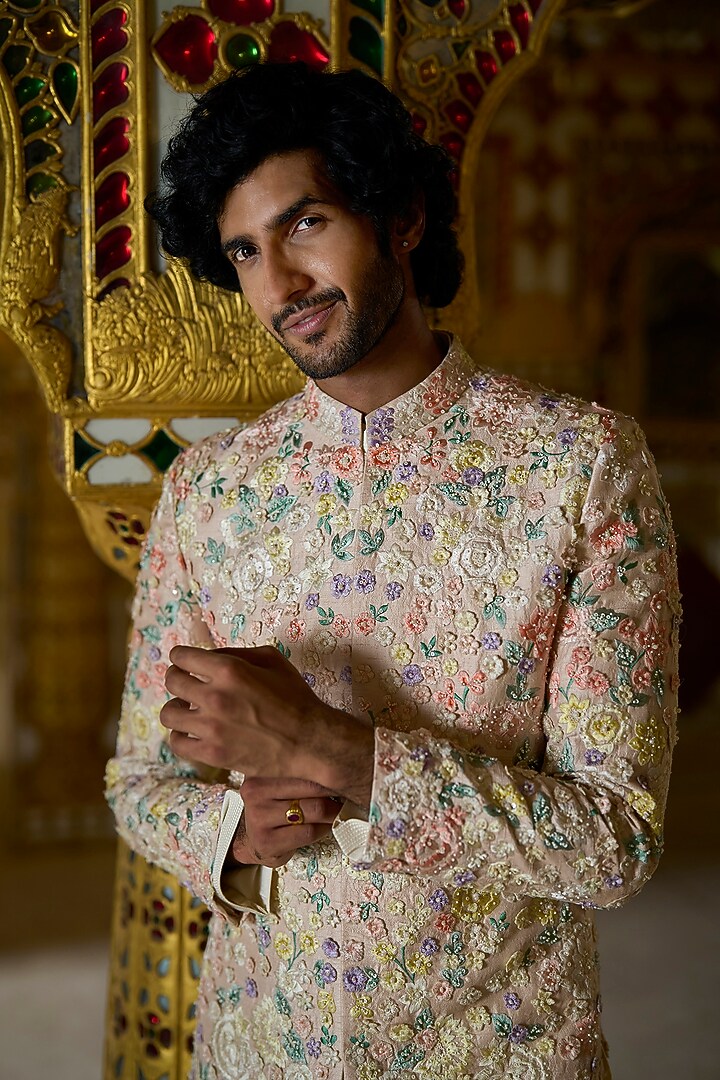 Cream Raw Silk Floral Embroidered Groom Sherwani Set by Seema Gujral Men at Pernia's Pop Up Shop